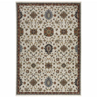 10' X 13' Beige Rust Red Blue Gold And Grey Oriental Power Loom Stain Resistant Area Rug With Fringe