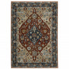 10' X 13' Blue Beige Tan Brown Gold And Rust Red Oriental Power Loom Stain Resistant Area Rug With Fringe