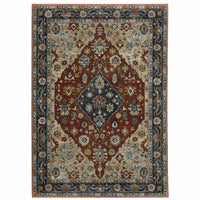 10' X 13' Blue Beige Tan Brown Gold And Rust Red Oriental Power Loom Stain Resistant Area Rug With Fringe