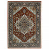 10' X 13' Blue Beige Grey Gold Green And Rust Red Oriental Power Loom Stain Resistant Area Rug With Fringe