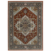 10' X 13' Blue Beige Grey Gold Green And Rust Red Oriental Power Loom Stain Resistant Area Rug With Fringe