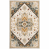 10' X 13' Ivory Charcoal Gold Clay And Muted Blue Oriental Tufted Handmade Stain Resistant Area Rug