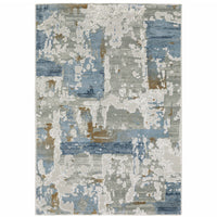 2' X 8' Grey Blue Navy Ivory And Brown Abstract Power Loom Stain Resistant Runner Rug