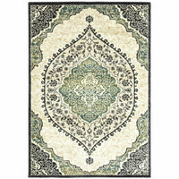 10' X 13' Ivory Navy And Green Oriental Power Loom Stain Resistant Area Rug