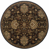 8' Brown Round Oriental Power Loom Stain Resistant Area Rug