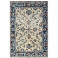 5' X 8' Ivory And Blue Oriental Power Loom Stain Resistant Area Rug