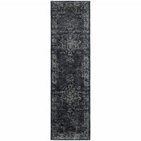 2' X 8' Blue And Brown Oriental Power Loom Stain Resistant Runner Rug