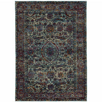 9' X 12' Blue And Purple Oriental Power Loom Stain Resistant Area Rug