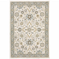 8' X 10' Stone Grey Ivory Green Brown Teal And Light Blue Oriental Power Loom Stain Resistant Area Rug