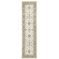 2' X 8' Ivory Grey And Blue Oriental Power Loom Stain Resistant Runner Rug