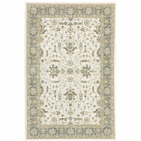 5' X 7' Ivory Grey And Blue Oriental Power Loom Stain Resistant Area Rug