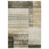 10' X 13' Beige Charcoal Brown Grey Tan Gold And Blue Geometric Power Loom Stain Resistant Area Rug With Fringe