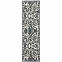 2' X 8' Blue And Ivory Floral Power Loom Stain Resistant Runner Rug