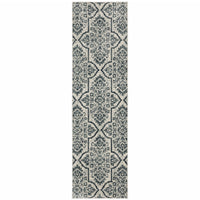 2' X 8' Ivory Blue And Sage Floral Power Loom Stain Resistant Runner Rug