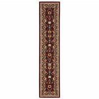 2' X 10' Red And Ivory Oriental Power Loom Runner Rug With Fringe