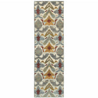 2' X 8' Ivory Grey Rust Gold And Blue Abstract Power Loom Stain Resistant Runner Rug