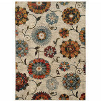 6' X 9' Ivory Blue Gold Green Orange Rust And Teal Floral Power Loom Stain Resistant Area Rug