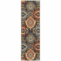 2' X 8' Brown Grey Rust Red Gold Teal And Blue Green Floral Power Loom Stain Resistant Runner Rug