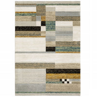 5' X 7' Beige Gold Black Grey Tan Teal And Rust Geometric Power Loom Area Rug