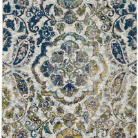 7' X 10' Ivory Blue And Green Floral Stain Resistant Area Rug