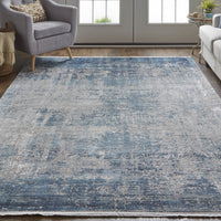 12' X 18' Blue Gray And Silver Abstract Power Loom Distressed Area Rug