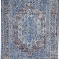 8' X 10' Blue Gray And Gold Floral Stain Resistant Area Rug