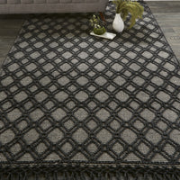 8' X 10' Black And Ivory Wool Geometric Hand Woven Area Rug With Fringe