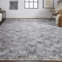 9' X 12' Gray Silver And Taupe Geometric Hand Woven Stain Resistant Area Rug With Fringe