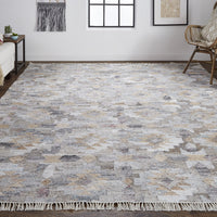 8' X 10' Taupe Gray And Blue Geometric Hand Woven Stain Resistant Area Rug With Fringe