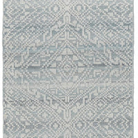 10' Ivory Blue And Gray Geometric Hand Knotted Runner Rug