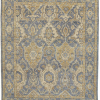 5' X 8' Blue Gold And Tan Wool Floral Hand Knotted Stain Resistant Area Rug With Fringe