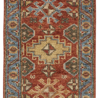 8' Red Blue And Orange Wool Floral Hand Knotted Stain Resistant Runner Rug With Fringe