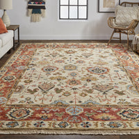 12' X 15' Ivory Red And Blue Wool Floral Hand Knotted Stain Resistant Area Rug