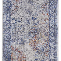 10' Blue Ivory And Red Floral Power Loom Distressed Stain Resistant Runner Rug