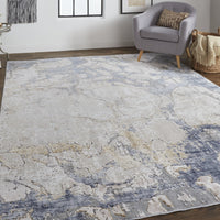 2' X 3' Tan And Blue Abstract Power Loom Distressed Area Rug