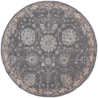 6' Gray Ivory And Red Round Floral Power Loom Area Rug