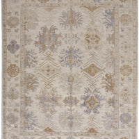 8' X 10' Ivory Tan And Blue Floral Hand Knotted Stain Resistant Area Rug