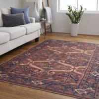 9' X 12' Red Tan And Blue Floral Power Loom Area Rug