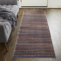 8' Red Brown And Blue Floral Power Loom Runner Rug