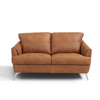 59" Camel Leather And Black Standard Love Seat