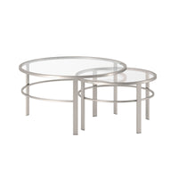 Set Of Two 36" Silver Glass Round Nested Coffee Tables