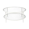 36" White Glass Round Coffee Table With Shelf