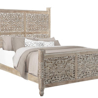 Carved Solid Wood Queen Distressed Gray Bed