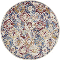 8' Navy Blue Round Damask Power Loom Distressed Area Rug