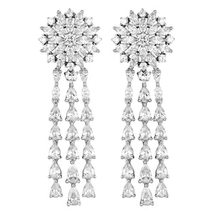 Rhodium Plated Sterling Silver CZ Star with 3 Row Chandeliers Earrings