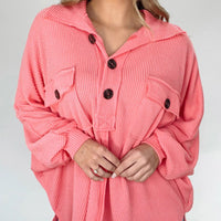 Pink Corded Flap Pocket Henley Top