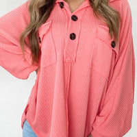 Pink Corded Flap Pocket Henley Top