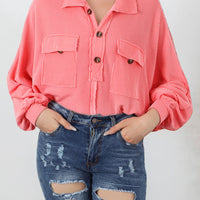 Pink Corded Flap Pocket Henley Top