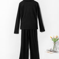 Black Ribbed Knit Collared Henley Top and Pants Lounge Outfit