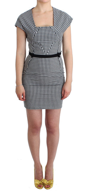 Black White Checkered Belted Sheath Dress